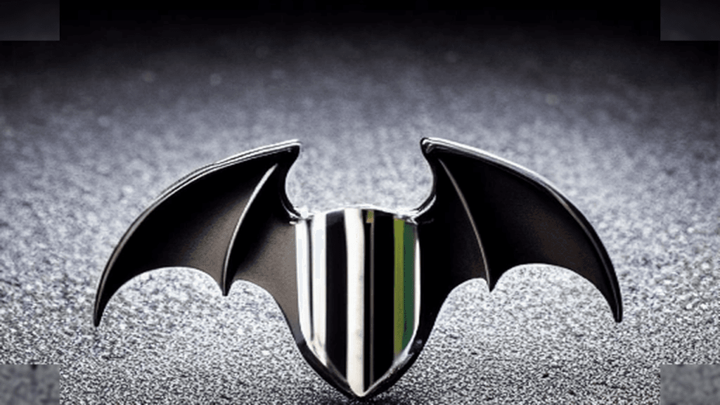 Moody 16:9 RCG comics thumbnail of a fractured chrome bat emblem rebuilt from scavenged police badge fragments over rain-slick Gotham asphalt with cyan amber smoke, no text or logos.