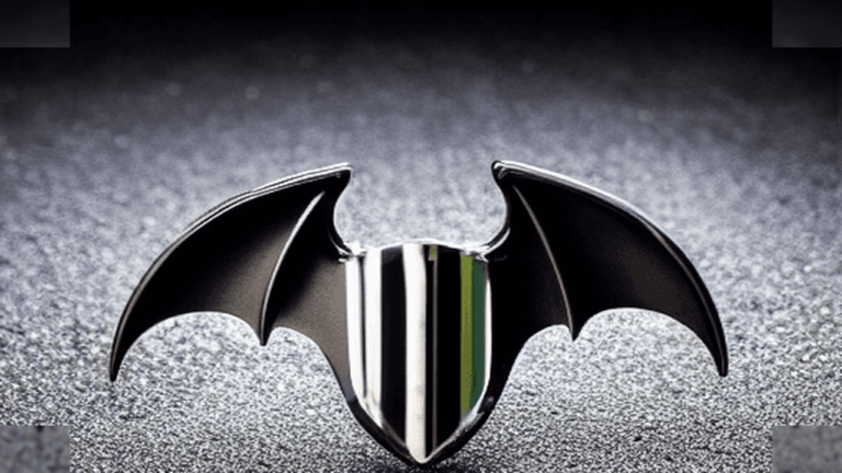 Moody 16:9 RCG comics thumbnail of a fractured chrome bat emblem rebuilt from scavenged police badge fragments over rain-slick Gotham asphalt with cyan amber smoke, no text or logos.