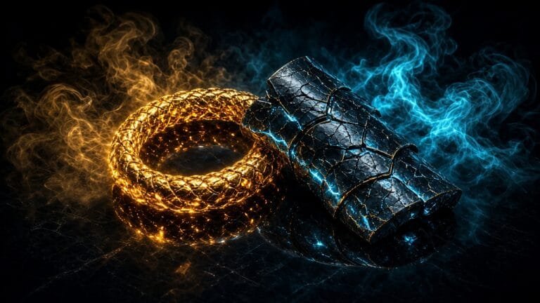 Moody 16:9 RCG comics thumbnail of a hell-forged golden lasso and cracked obsidian gauntlet on dark glass with amber cyan smoke, no text or logos.