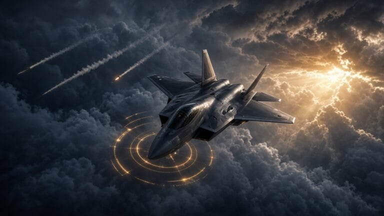 Moody 16:9 RCG gaming thumbnail of a fighter jet diving through storm clouds with missile contrails and a holographic radar-lock ring, amber gunmetal lighting, no text or logos.