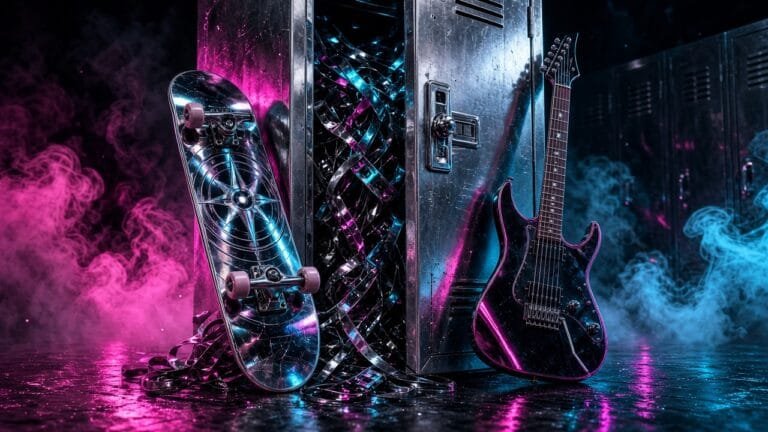 Moody 16:9 RCG gaming thumbnail of a Y2K skateboard and neon pop-punk guitar against a cracked chrome locker with cassette ribbons in hot-pink cyan smoke, no text or logos.