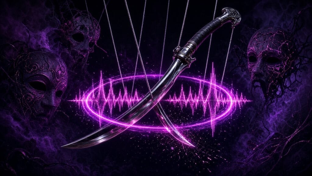 Moody 16:9 RCG gaming thumbnail of a glossy cello-bow blade striking a beat-synced neon waveform ring amid puppet strings and circus smoke, no text or logos.