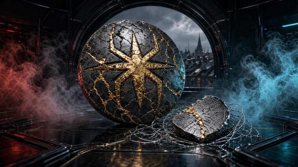 Moody 16:9 RCG comic thumbnail of a cracked spider medallion over a nursing-home window city reflection with gold-web strands and commemorative coin shard, no text or logos.