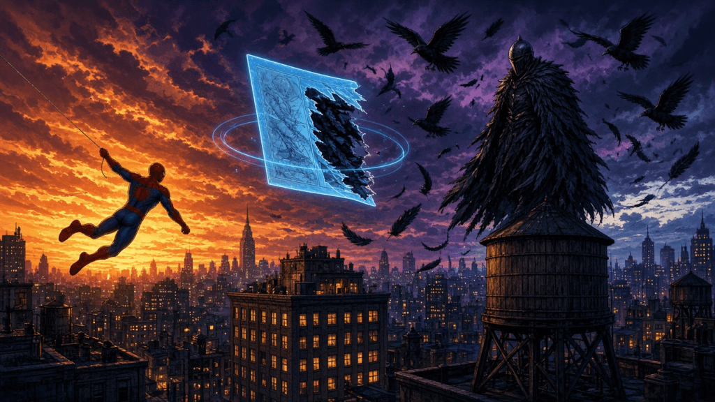 A red-and-blue web-slinging hero swings over the city at sunset toward a mysterious feather-cloaked, helmeted figure standing in shadow on a rooftop water tower, as ravens swirl around a glowing comic page tearing open.
