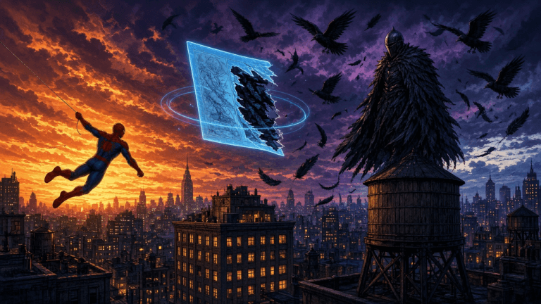 A red-and-blue web-slinging hero swings over the city at sunset toward a mysterious feather-cloaked, helmeted figure standing in shadow on a rooftop water tower, as ravens swirl around a glowing comic page tearing open.