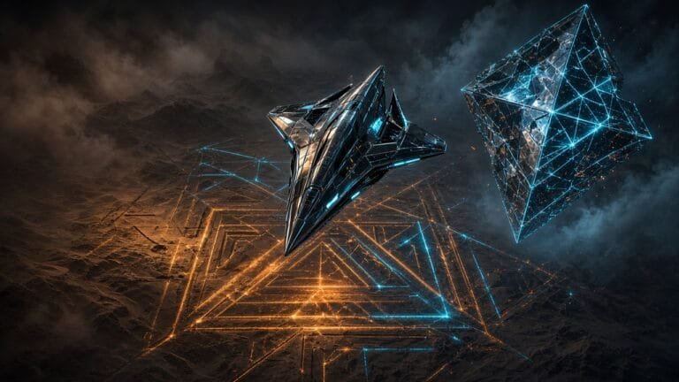 Moody 16:9 RCG gaming thumbnail of a chrome starfighter diving over glowing polygonal desert geoglyphs and a wireframe fortress shard, no text or logos.
