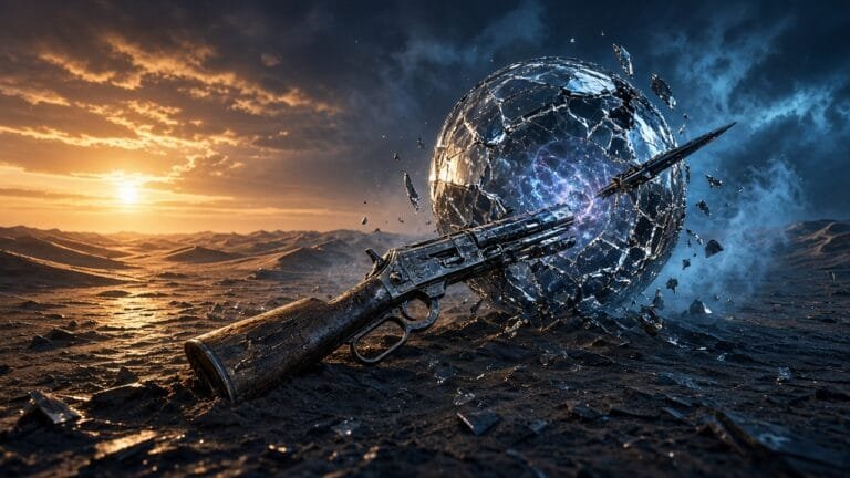 Moody 16:9 RCG gaming thumbnail of a shattered western-punk rifle and cracked crystal orb over dusty metallic dunes in amber-blue smoke, no text or logos.