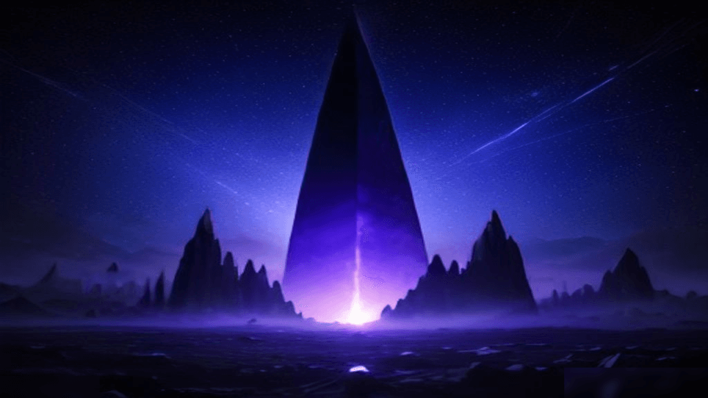 Moody 16:9 RCG comics thumbnail of a fractured glossy black obelisk cracking with violet-white energy amid chrome ink debris and smoke, no text or logos.
