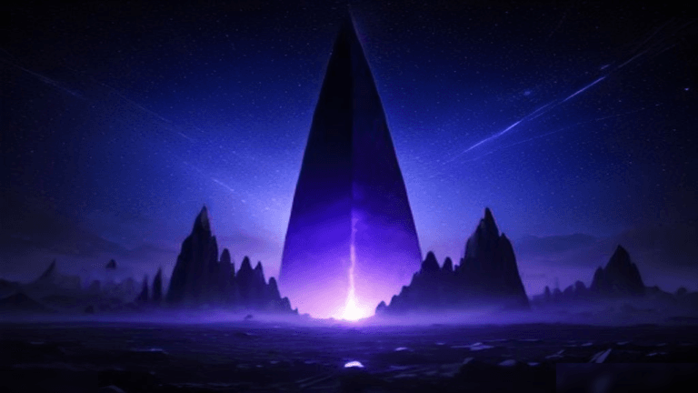 Moody 16:9 RCG comics thumbnail of a fractured glossy black obelisk cracking with violet-white energy amid chrome ink debris and smoke, no text or logos.