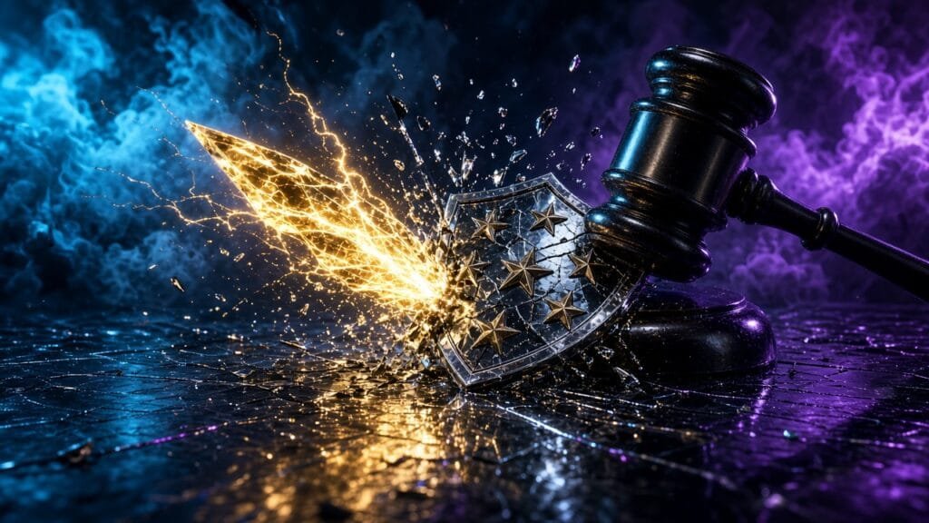 Moody 16:9 RCG comics thumbnail of a golden miracle sigil, star chest plaque, and cracked spider web-shield vs adjudicator gavel on storm glass in cyan violet smoke, no text or logos.