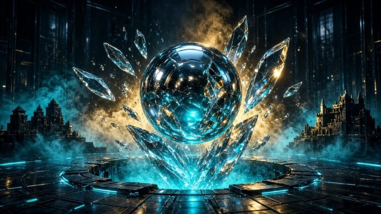 Moody 16:9 RCG gaming thumbnail of a glossy chrome pinball colliding with floating crystal monolith shards above a neon brick arena floor in cyan gold smoke, no text or logos.