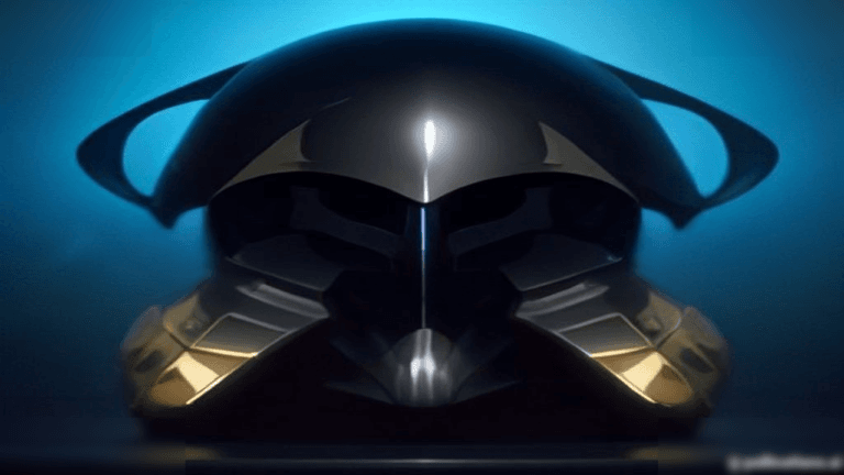 Moody 16:9 RCG comics thumbnail of a glossy black chrome bat emblem fused with a gold-black rider crest over rain-slick asphalt with cyan gold smoke, no text or logos.