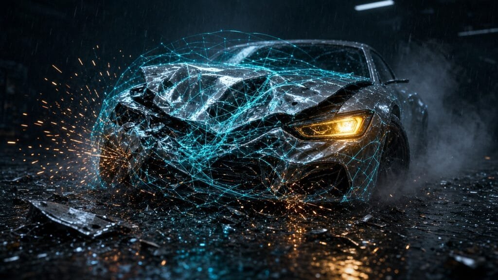 Moody 16:9 RCG gaming thumbnail of a crumpled soft-body chassis with glowing physics wireframe beams over dark asphalt, no text or logos.