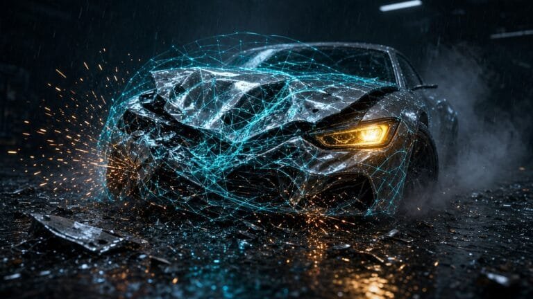 Moody 16:9 RCG gaming thumbnail of a crumpled soft-body chassis with glowing physics wireframe beams over dark asphalt, no text or logos.