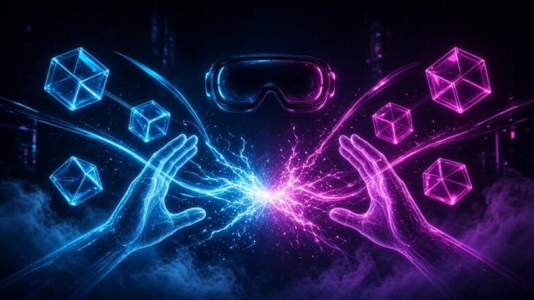 Moody 16:9 RCG gaming thumbnail of energy-tethered hands slicing neon geometric note blocks with cyan-magenta Jolt sparks, no text or logos.