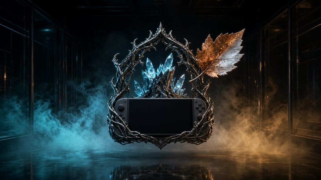 Moody 16:9 RCG gaming thumbnail of a glossy blighted gothic hub gate and crystalline Memory Tree stump beside a blank handheld silhouette in cyan amber smoke, no text or logos.