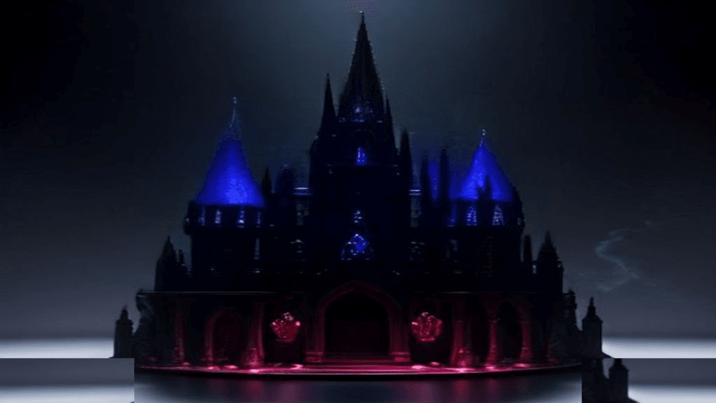 Moody 16:9 RCG gaming thumbnail of twin chrome gothic blades over a crimson stained-glass rose and miniature cursed castle with day-night split light, no text or logos.