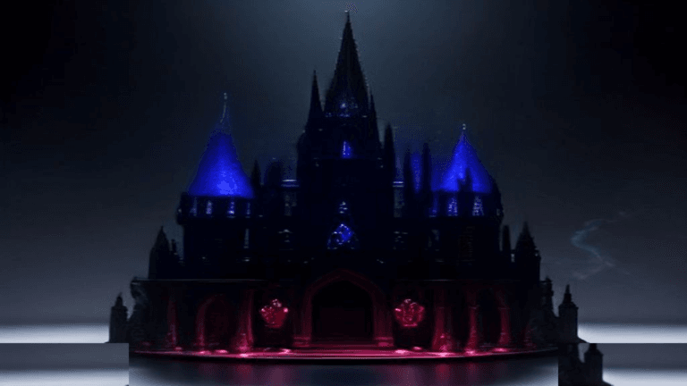 Moody 16:9 RCG gaming thumbnail of twin chrome gothic blades over a crimson stained-glass rose and miniature cursed castle with day-night split light, no text or logos.
