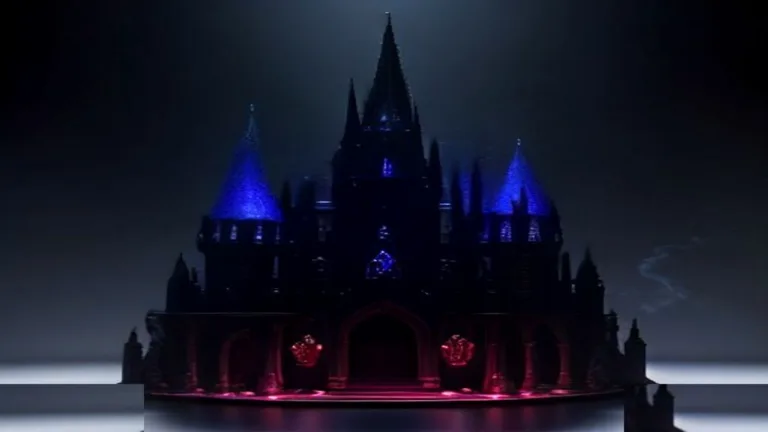Moody 16:9 RCG gaming thumbnail of twin chrome gothic blades over a crimson stained-glass rose and miniature cursed castle with day-night split light, no text or logos.