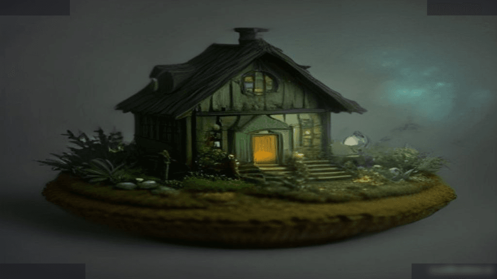 Moody 16:9 RCG gaming thumbnail of a glowing cottage-on-legs in a pocket-dimension garden with spirit orbs and teal-gold mist, no text or logos.