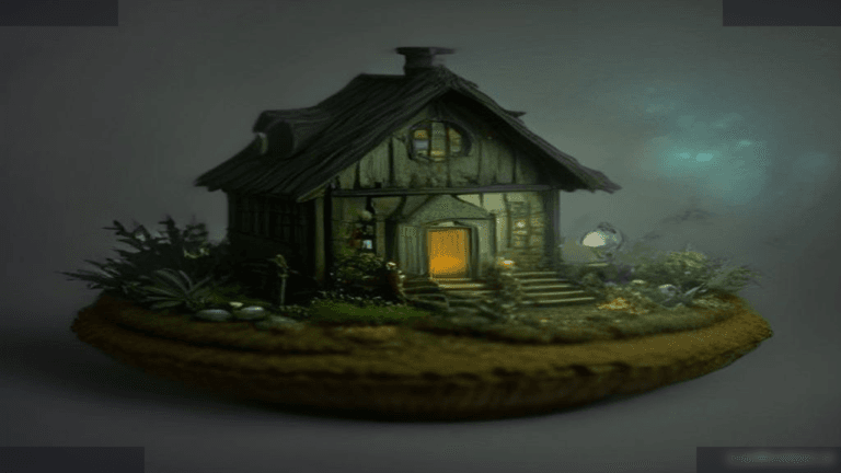 Moody 16:9 RCG gaming thumbnail of a glowing cottage-on-legs in a pocket-dimension garden with spirit orbs and teal-gold mist, no text or logos.