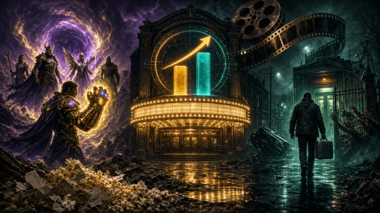 A split box office scene: armored superheroes with a jeweled golden gauntlet in purple cosmic light on one side, a survivor carrying a cooler case through a zombie-haunted rainy city on the other, and a glowing cinema marquee between them topped by a rising bar-chart hologram.