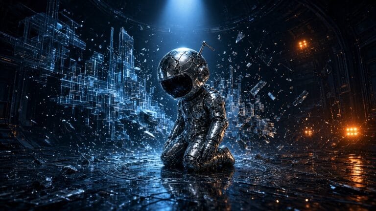Moody 16:9 RCG gaming thumbnail of a cracked chrome rocket figurine and shattered holographic cityscape over dark metallic void, no text or logos.