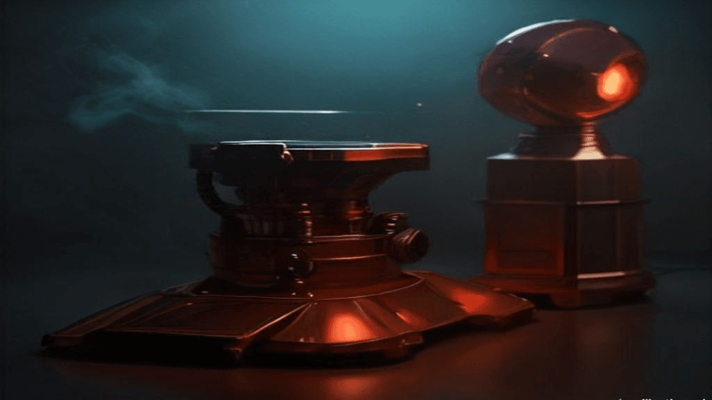 Moody 16:9 RCG gaming thumbnail of a fiery elder-dragon crown and chrome Mega Man-style arm cannon silhouette over volcanic smoke and teal glass newsroom light, no text or logos.