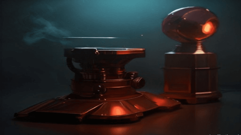 Moody 16:9 RCG gaming thumbnail of a fiery elder-dragon crown and chrome Mega Man-style arm cannon silhouette over volcanic smoke and teal glass newsroom light, no text or logos.