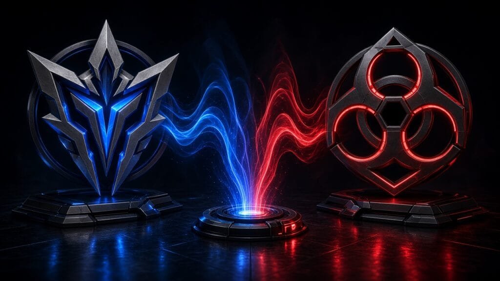 Moody 16:9 gaming thumbnail of an abstract hunter crest and amber hazard glyph over a dark reflective floor with cyan-ember light, no text or logos.