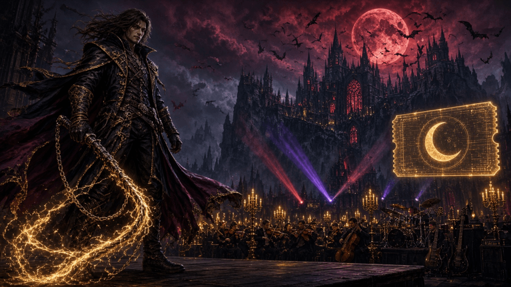 A gothic vampire hunter in a long gold-trimmed coat holds a glowing chain whip on a candlelit concert stage, with an orchestra below a moonlit castle, bats and a blood-red full moon.