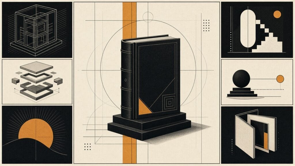 Precise 16:9 graphic-novel thumbnail of geometric comic panels and an abstract novelty-library folio book object on a drafting-table backdrop, no text or logos.