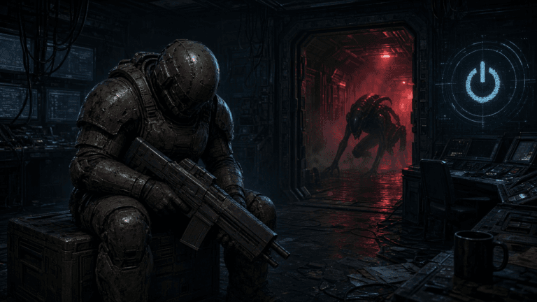 A lone armored space marine sits slumped with a pulse rifle in a dark, abandoned ops room of dead monitors, while a black alien creature crouches in a red emergency-lit corridor behind him.