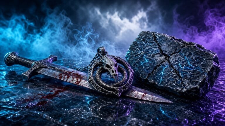 Moody 16:9 RCG comics thumbnail of a chrome broadsword, serpent-skull amulet, and cracked Atlantean tide-stone on storm sand glass in cyan violet smoke, no text or logos.