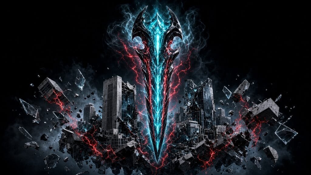 Moody 16:9 RCG gaming thumbnail of a glowing paranatural melee blade over a warped Manhattan skyline with floating brutalist shards and red-cyan resonant energy, no text or logos.