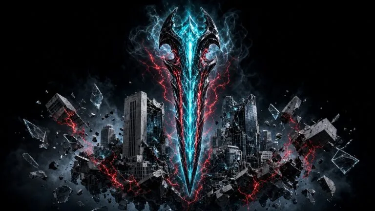 Moody 16:9 RCG gaming thumbnail of a glowing paranatural melee blade over a warped Manhattan skyline with floating brutalist shards and red-cyan resonant energy, no text or logos.