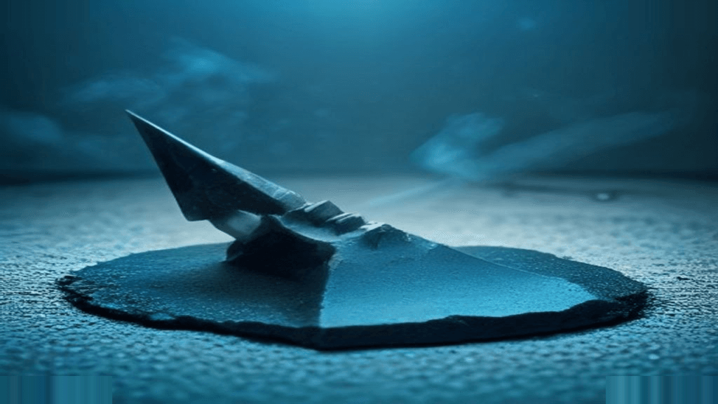 Moody 16:9 RCG gaming thumbnail of a glossy black service-weapon revolver and fractured concrete pyramid hovering over rain-warped Manhattan street reflections with cyan amber smoke, no text or logos.