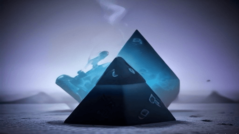 Moody 16:9 RCG gaming thumbnail of a glossy paranatural pyramid-object and neon dice over a warped Manhattan skyline silhouette in teal smoke, no text or logos.