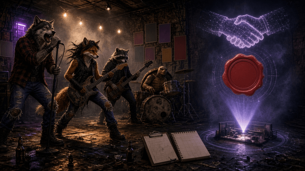 An anthropomorphic grunge band of wolf, fox, raccoon and turtle rock out on a sticky-floor club stage beside a holographic handshake and a blank red wax seal.