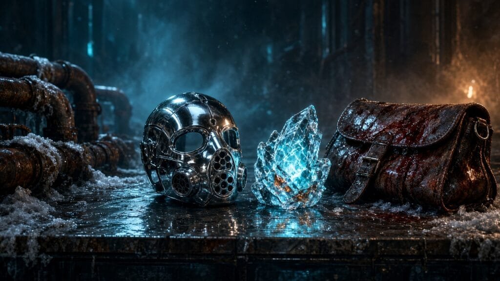Moody 16:9 RCG gaming thumbnail of a glossy empty Pathfinder respirator and cracked luminous time-rift crystal in a frozen industrial corridor with cyan amber smoke, no text or logos.