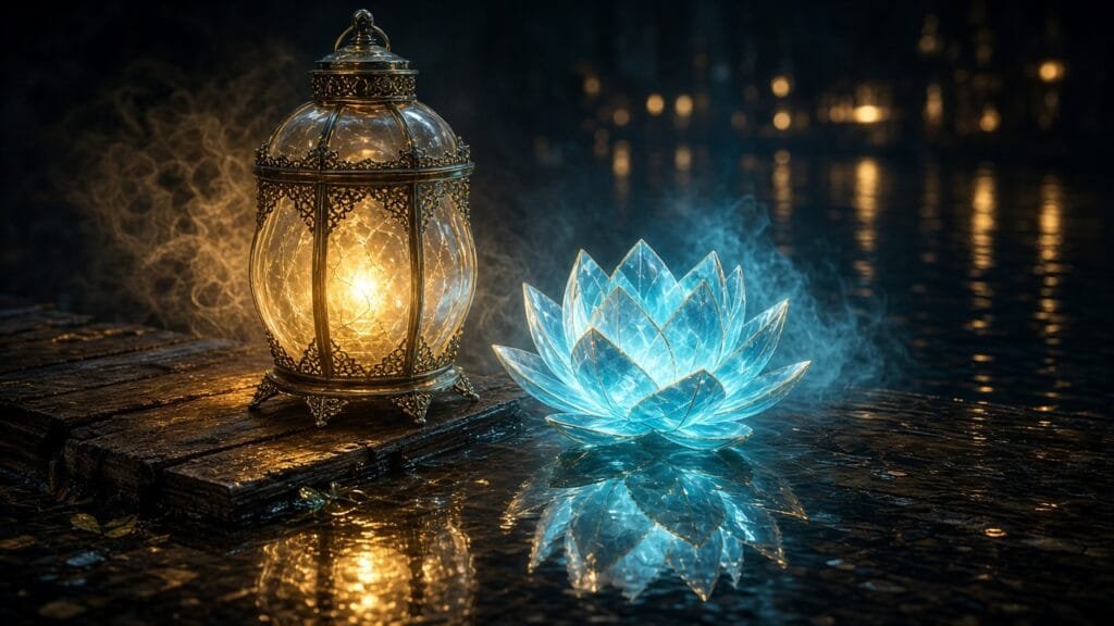 Moody 16:9 RCG gaming thumbnail of a glowing spirit lantern and origami lotus over a reflective Thai pier fragment in gold cyan mist, no text or logos.
