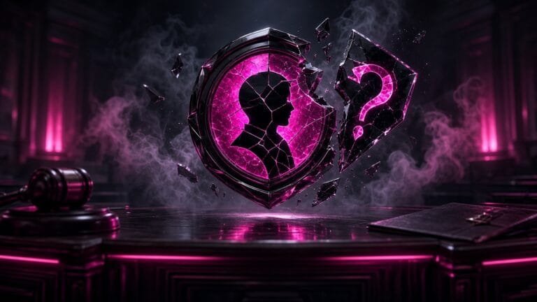Moody 16:9 RCG gaming thumbnail of a cracked black-magenta school-crest medallion with a mystery silhouette over a courtroom desk with pink neon smoke, no text or logos.