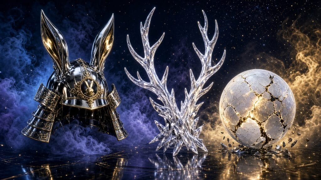 Moody 16:9 RCG comic thumbnail of a chrome samurai rabbit crest beside a crystalline white stag antler and cracked Academy moon orb in indigo-gold smoke, no text or logos.