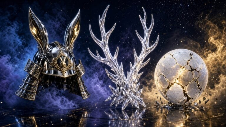 Moody 16:9 RCG comic thumbnail of a chrome samurai rabbit crest beside a crystalline white stag antler and cracked Academy moon orb in indigo-gold smoke, no text or logos.