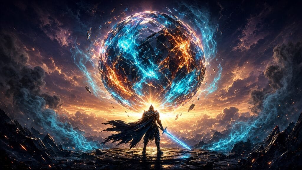 Moody 16:9 RCG gaming thumbnail of a crystalline fantasy sphere under a dawn sunburst with a silhouetted warrior and ember-cyan smoke, no text or logos.
