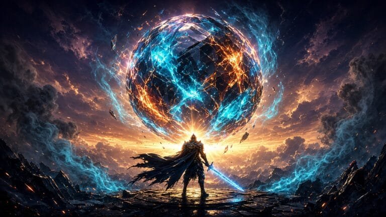 Moody 16:9 RCG gaming thumbnail of a crystalline fantasy sphere under a dawn sunburst with a silhouetted warrior and ember-cyan smoke, no text or logos.