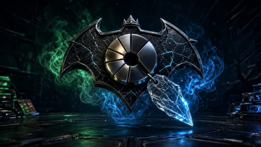 Moody 16:9 RCG comics thumbnail of a metallic marketshare pie-slice glyph fused with a cracked Absolute-style bat medallion over a dark comic-shop counter with emerald blue smoke, no text or logos.