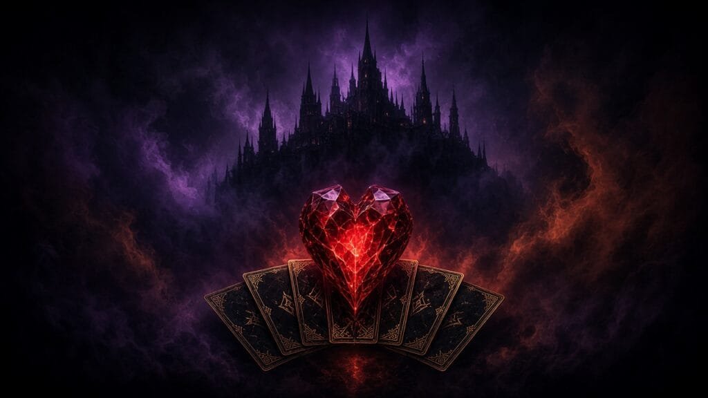 Moody 16:9 RCG gaming thumbnail of a gothic mansion silhouette fused with a glowing card fan and crimson heart-room crystal, no text or logos.