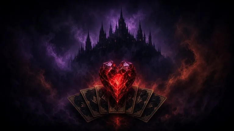 Moody 16:9 RCG gaming thumbnail of a gothic mansion silhouette fused with a glowing card fan and crimson heart-room crystal, no text or logos.