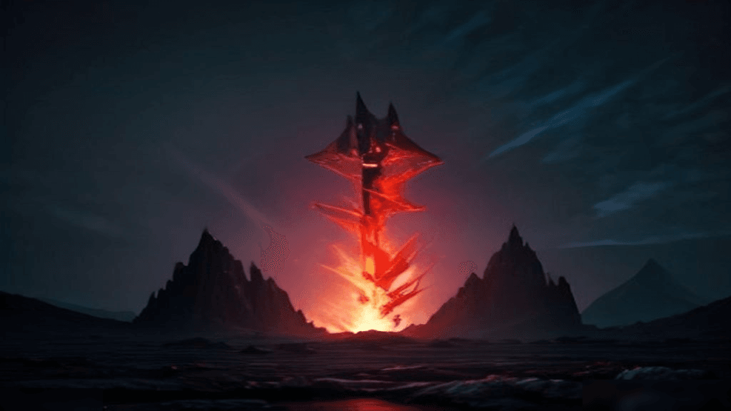 Moody 16:9 RCG gaming thumbnail of a glossy crimson-edged greatsword and hellfire crystal shards over cracked stone and ember smoke, no text or logos.